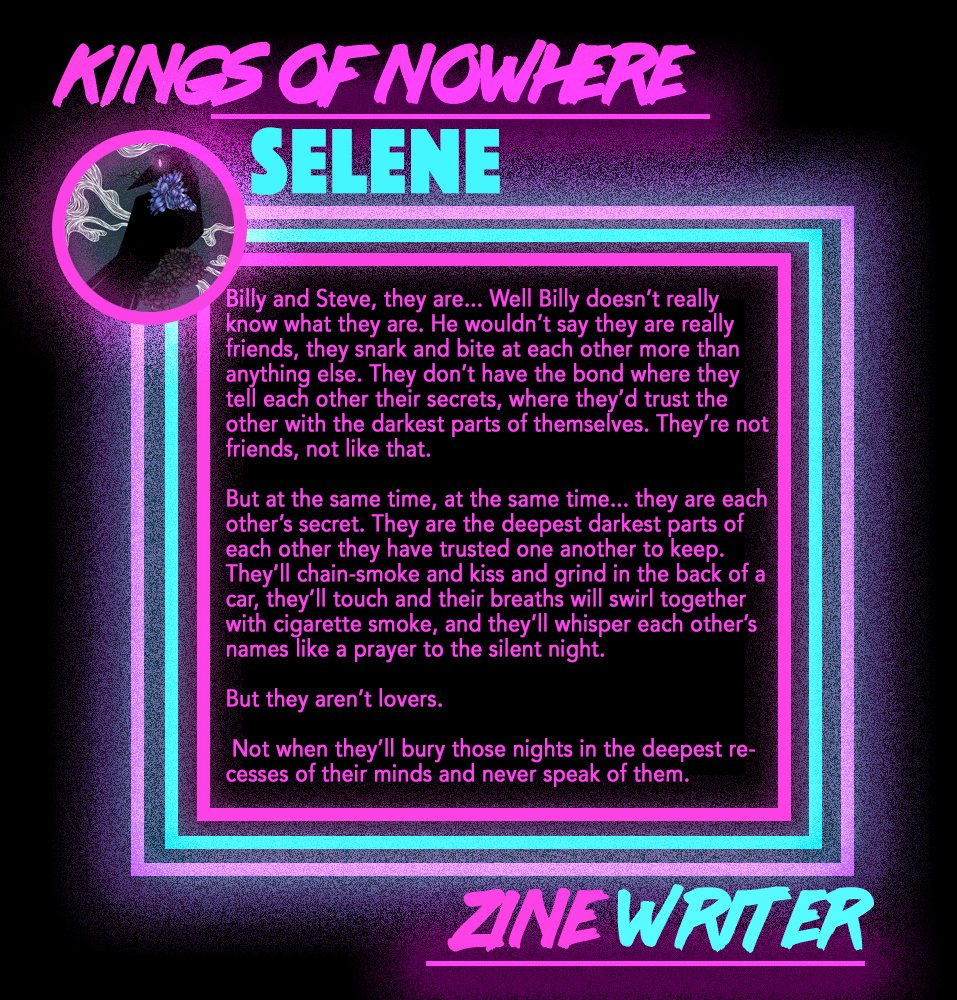 HarringroveZine's tweet photo. Our Kings of Nowhere Writer: Selene @OneBrainSel
#harringrovezine #harringrove #kingsofnowhere #kingsofnowherezine #contributorbios https://t.co/4Ey3t5Zz7i