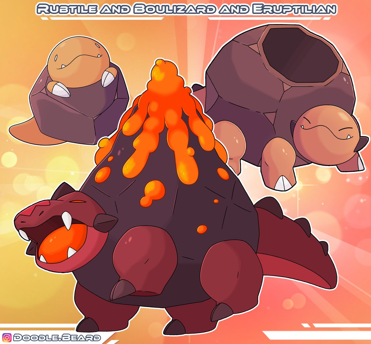 Meet Rubtile, Boulizard and Eruptilian, Ground/Fire Type Pokemon. #pokemon #fakemon #volcano #lizard #boulder