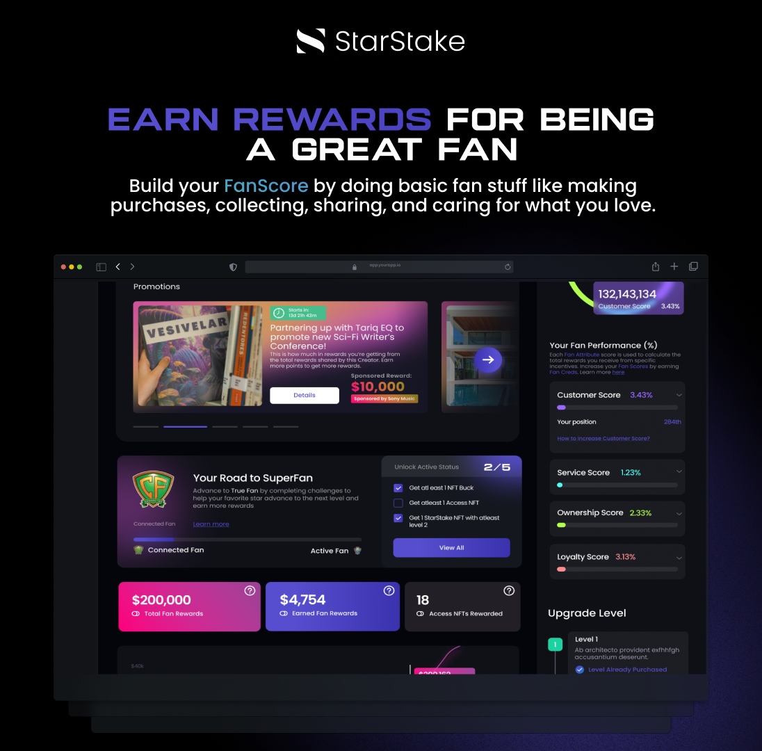 star_stake's tweet image. 🏆 Be a great fan, earn great rewards. Build your FanScore by supporting what you love on #StarStake. Start your journey today! #StarStakeCreators #FanScore #Rewards