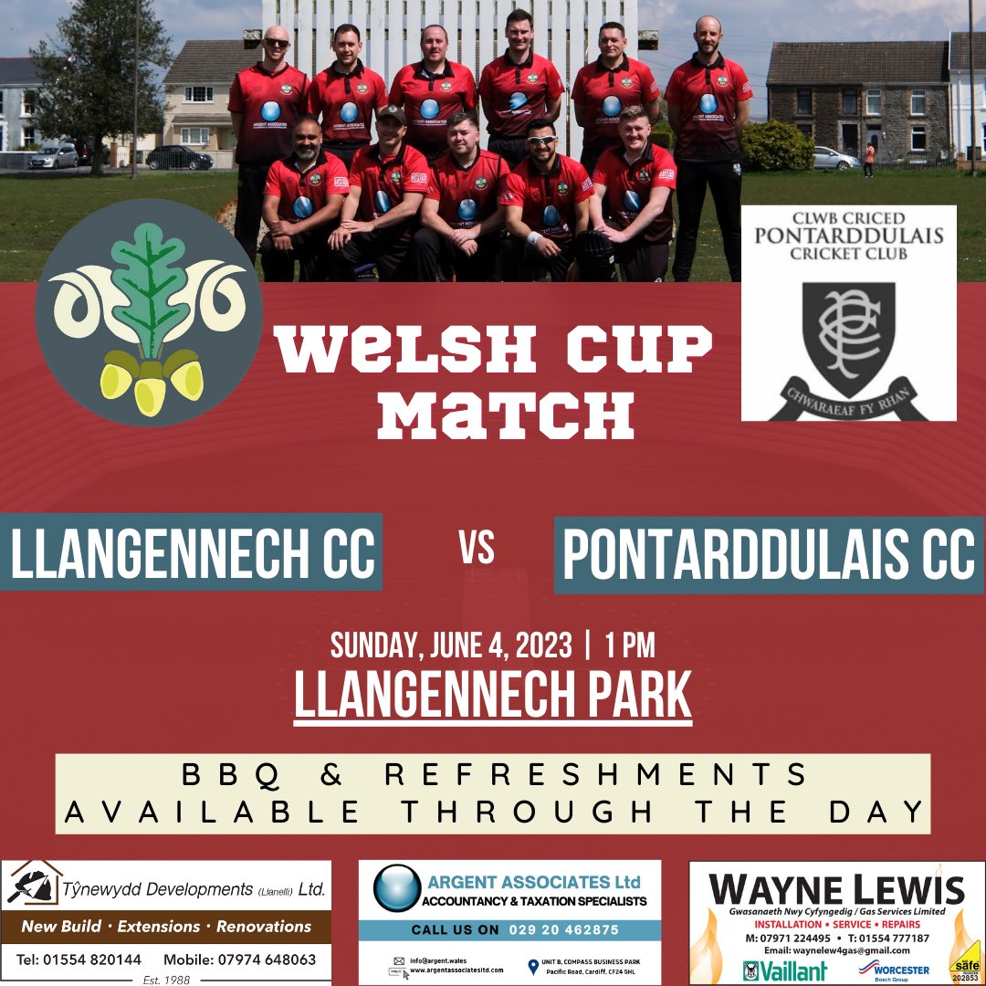 Sunday we take on <a href="/PontarddulaisCC/">PontarddulaisCC</a> in the Welsh Cup down at Llangennech Park.

We have had great cup games against ‘Bont’ over the years &amp; we don’t expect anything different this Sunday. 

Forecast is good, so come join us for a BBQ and refreshments at our new bar &amp; seating area.