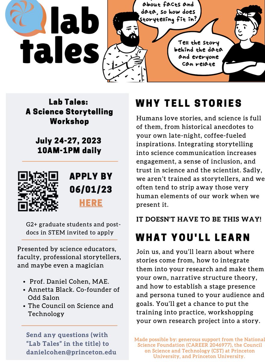 Science is full of amazing human stories and we want to help teach you to find and tell them! Cohort III of Lab Tales is open for applications, and this time we can support room/board for *5 non-Princeton students*! Apply here: tinyurl.com/LabTales