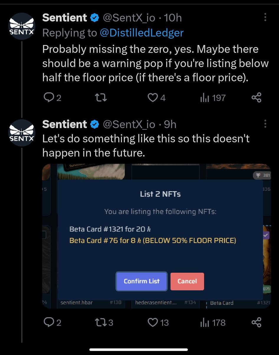 PattyAlexx's tweet photo. It’s amazing how crazy fast this feature was added to @SentX_io  when a seller sold for a really low price by mistake. Now it’s your time to vote and let us know how do you want to see it ❤️ 

#HBAR #Hedera #HederaNFTs #HelloSentX #HelloFuture #NFTMarketplace https://t.co/2DNxOLDD0H