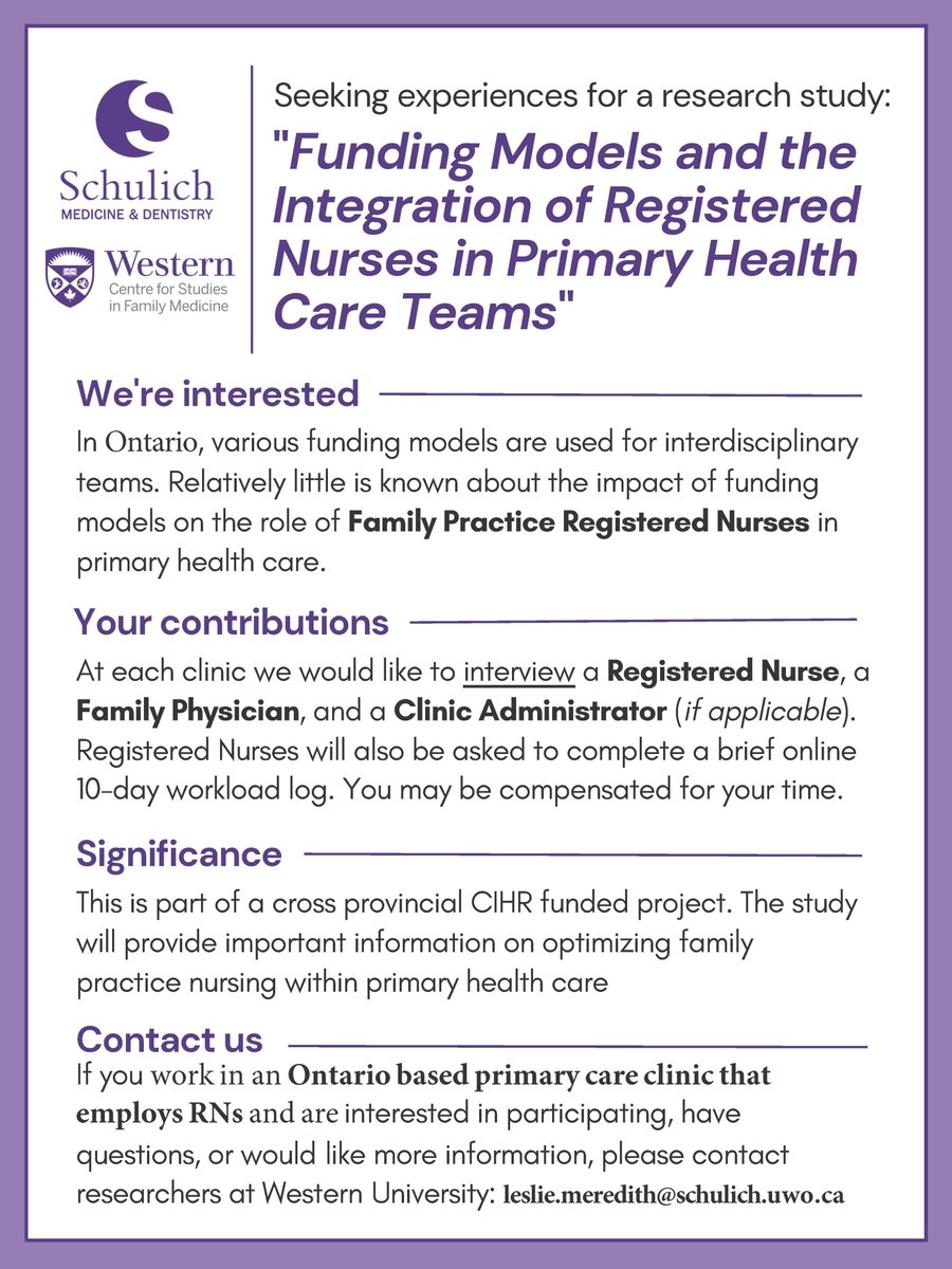 Primary Health Care Research at CSFM, Western U (@phcresearchcsfm) on Twitter photo Are you a Fee-for-service primary care clinic in Ontario that includes an RN? Researchers @westernufammed are looking to interview RNs & FPs re: the role of RNs in the practice. You may be compensated for your time. @CFPNA <a href="/DrMichaelGreen1/">Dr Mike Green</a> <a href="/tara_kiran/">Tara Kiran</a> <a href="/drpaulgill/">Dr Paul Gill</a> @PremjiKamila Are you a Fee-for-service primary care clinic in Ontario that includes an RN? Researchers @westernufammed are looking to interview RNs & FPs re: the role of RNs in the practice. You may be compensated for your time. @CFPNA <a href="/DrMichaelGreen1/">Dr Mike Green</a> <a href="/tara_kiran/">Tara Kiran</a> <a href="/drpaulgill/">Dr Paul Gill</a> @PremjiKamila