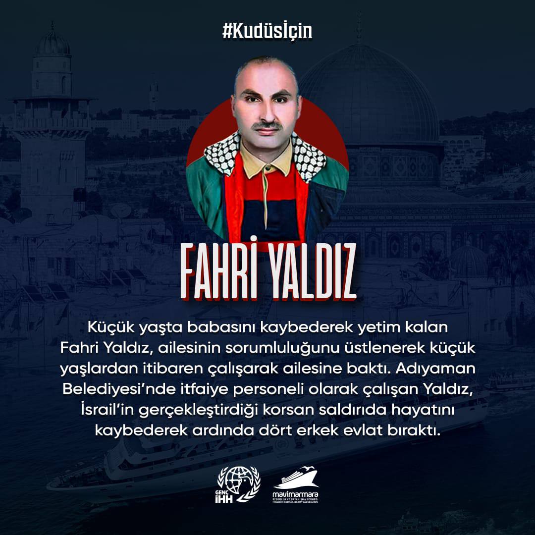 Küçük yaşta babasını kaybederek yetim kalan , ailesinin sorumluluğunu üstlenerek küçük yaşlardan itibaren çalışarak ailesine baktı. Adıyaman Belediyesi’nde itfaiye personeli olarak çalışan Yaldız, İsrail’in gerçekleştirdiği korsan saldırıda hayatını kaybetti.
#Kudüsİçin