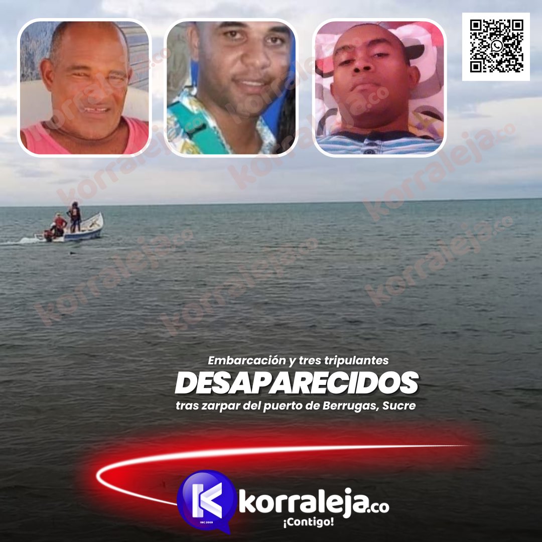 Korraleja's tweet photo. 🔵 Reportan #embarcación desaparecida con tres #tripulantes a bordo, identificados como Leiver García, Luis Guerrero y Xiomar San Juan, oriundos del corregimiento de #Berrugas (#SanOnofre, #Sucre), puerto de donde zarpó dicha #motonave el pasado lunes 29 de Mayo. de 2023. https://t.co/lZOtSB9t8b
