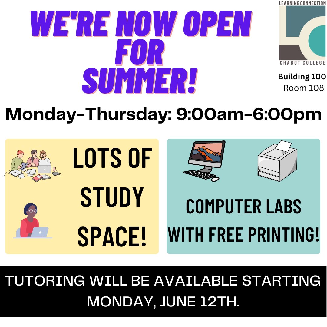 We're open for summer! Come by if you're looking for a place to study or need to use a computer. We offer:

~ 2 computer labs

~ free printing

~ study rooms &amp; group study spaces

We will also offer tutoring for a variety of subjects starting Monday, June 12th!