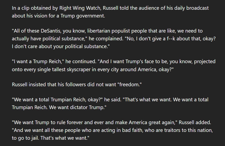 Tyler Russell, a Canadian nationalist leader of the America First movement, has called for Donald Trump to be installed as 'dictator' in a 'Trumpian Reich.'