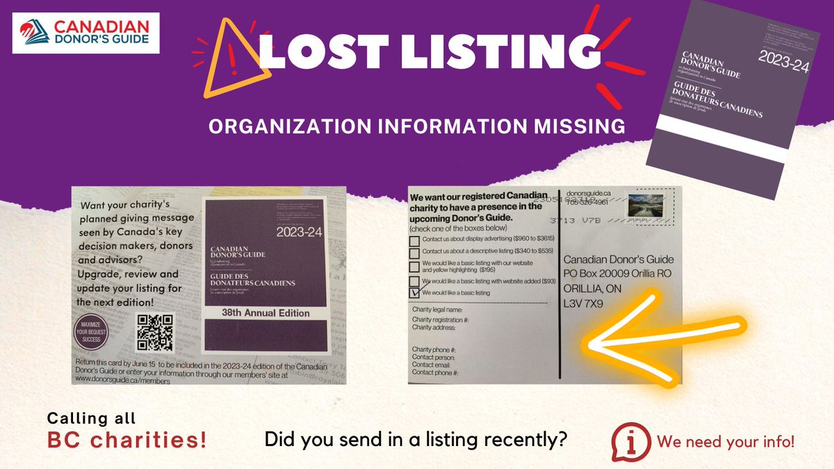 Charitable  organizations in BC! Did you send us a listing card? We received one without information included - only clue we have is the postage stamp says V7B Check with us if you think you have sent in a listing recently. #plannedgiving #legacygiving #charity #BritishColumbia