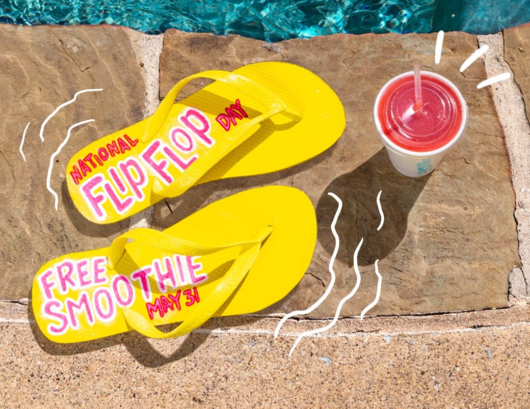 Get hyped, National Flip Flop Day is now on at @TSmoothieCafe! Kick off summer & celebrate with a FREE 12 oz. Strawberry Margarita Smoothie. In-cafe only! https://t.co/w6sXdXgSmi