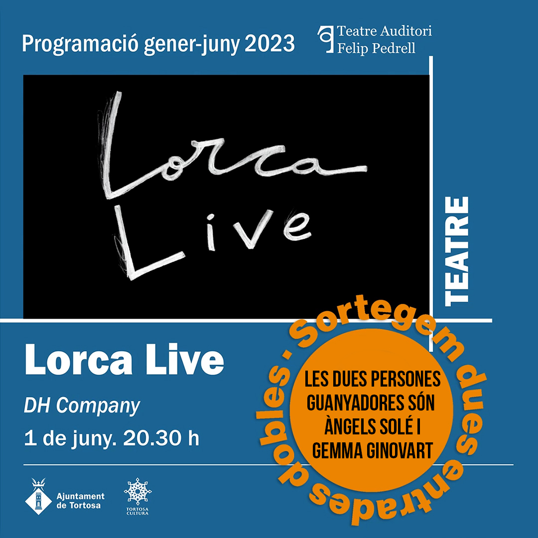 TeatreTortosa's tweet photo. Les dues persones que han guanyat les entrades dobles sortejades a Instagram per assistir a l’obra ‘Lorca Live’ són Àngels Solé i Gemma Ginovart. Enhorabona i gràcies per participar !!!

#Tortosa #TeatreTortosa @fuensantalopez_ @tortosacultura https://t.co/9JDLmCLRa5