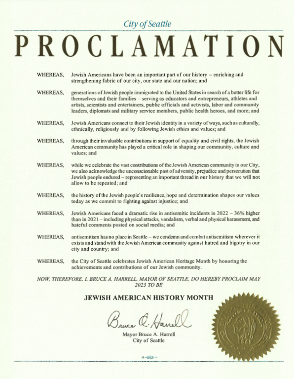 ADLPNW's tweet photo. We are very grateful to @CityofSeattle and @MayorofSeattle for proclaiming May as Jewish American Heritage Month, honoring the achievements and contributions of the Seattle Jewish community. https://t.co/hn2ZVYz2wv https://t.co/OK6na53Wo1