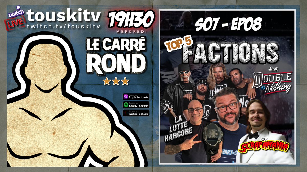 Exceptionnellement à 19h30 sur @touskitv 
>>> twitch.tv/touskitv
@carreoldschool - S07 - EP08 
Top 5 Factions, Lutte hardcore et AEW Double or Nothing
Merch: bit.ly/MERCH-LCR
#carrerond #wwe #aew #aewdoubleornothing