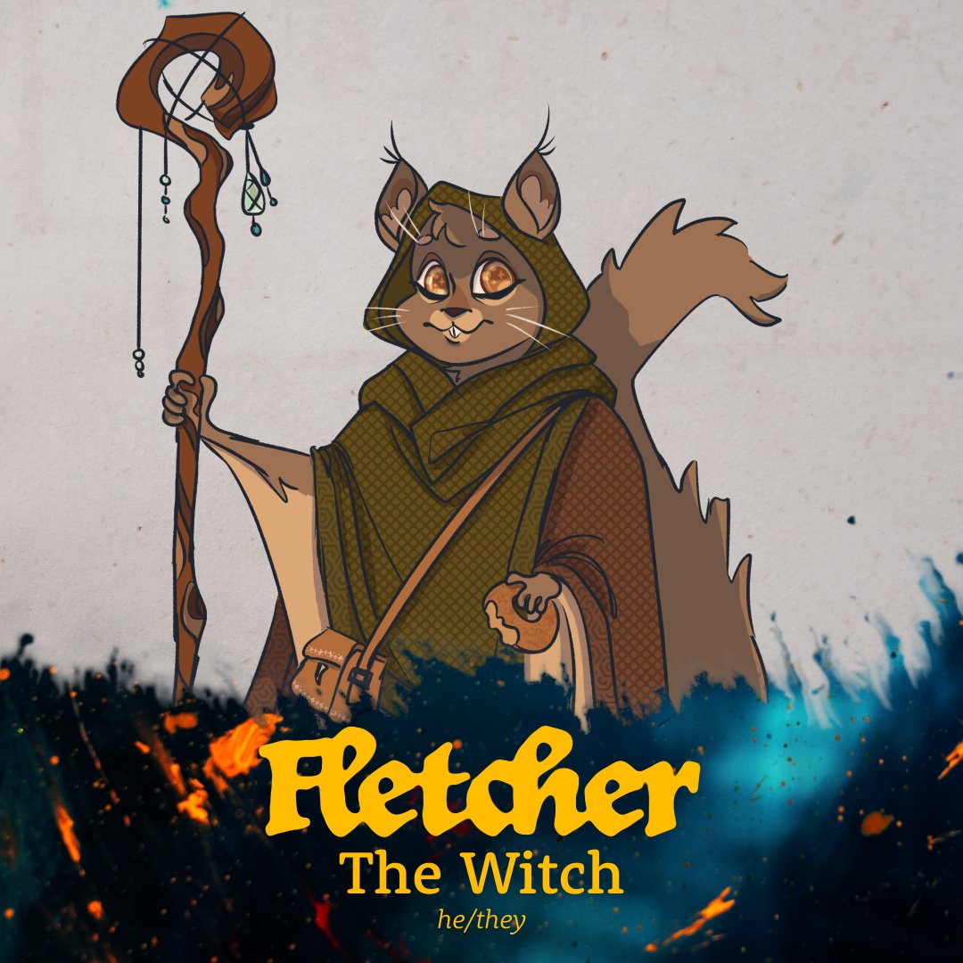 Fletcher Agaar, The Witch (he/they). 

A flying squirrel who feels the constant pressure of living up to their moms who hold prominent standing in the witch community. 

#wanderhomerpg #ofkithandpen #wanderhome #ttrpg #ttrpgcommunity #ttrpgpodcast #queerpodcast #lgbtqpodcast