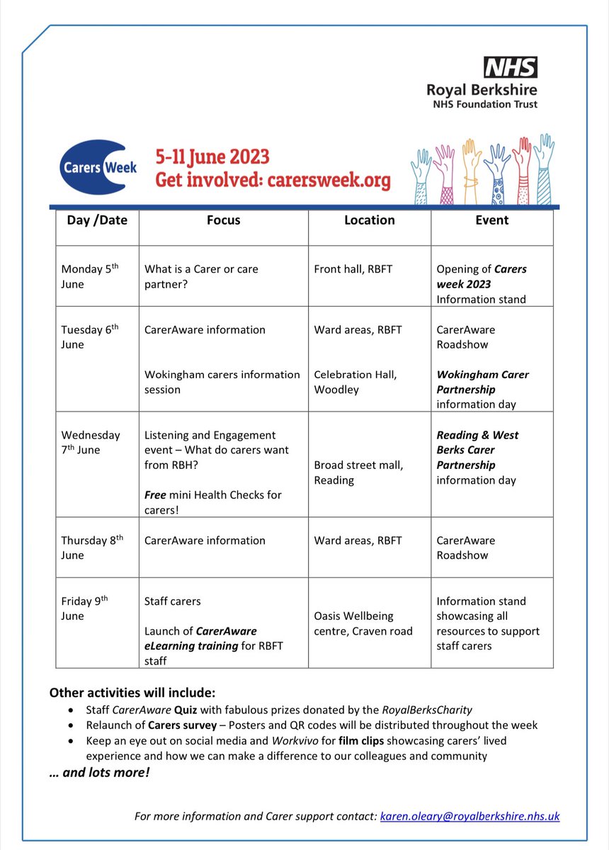 Excited to share <a href="/RBNHSFT/">Royal Berkshire NHS Foundation Trust</a> schedule of events for #CarersWeek2023. Working in p’ship with Reading &amp; WB and Wokingham #CarersPartnerships to support local #carers. The #meetPEET team will be providing #free #MiniHealthChecks to local #carers and TY  <a href="/RoyalBerksChar/">@RoyalBerksCharity</a> for fab prizes!