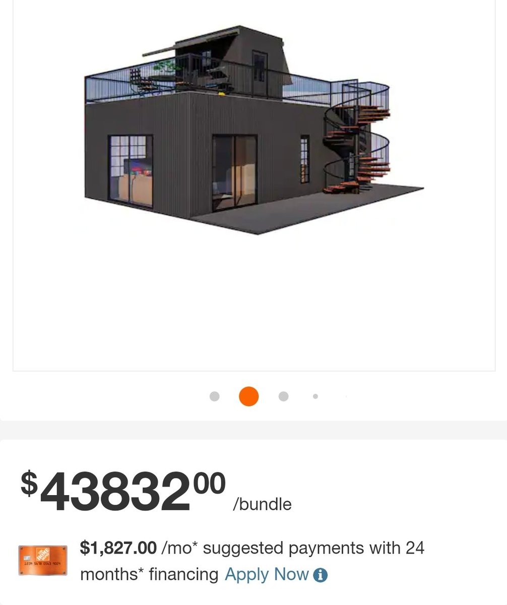Thefrugalgay11's tweet image. Home Depot offering a 1 bed, 1 bath 540sq ft prefab house for 44k. 

Thoughts?