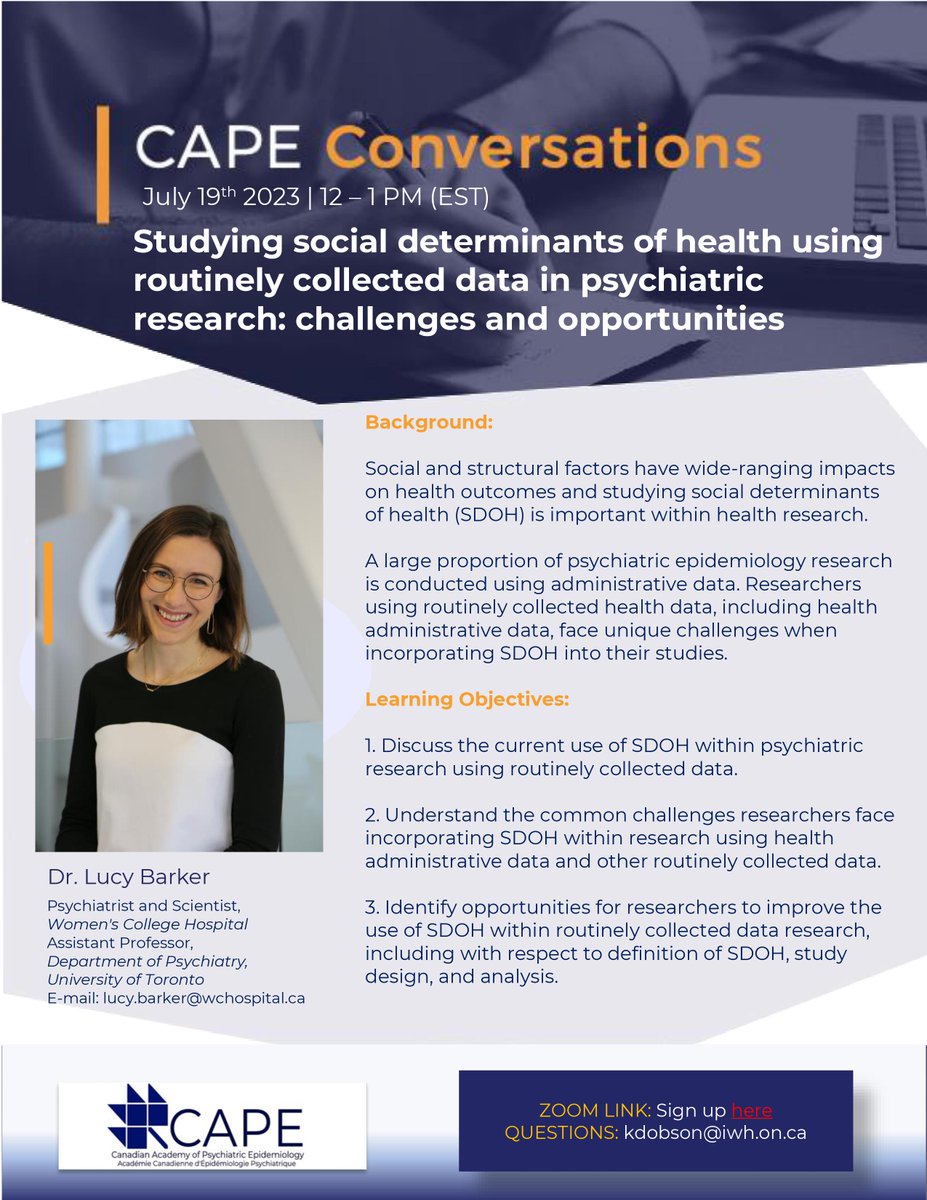 Canadian Academy of Psychiatric Epidemiology (@capepidemiology) on Twitter photo Mark your calendars! 🗓️The next CAPE Conversation is happening on July 19th @ 12 PM EST. Dr. <a href="/lucycbarker/">Lucy Barker</a> will be discussing challenges and opportunities for incorporating social determinants of health into psychiatric research. Mark your calendars! 🗓️The next CAPE Conversation is happening on July 19th @ 12 PM EST. Dr. <a href="/lucycbarker/">Lucy Barker</a> will be discussing challenges and opportunities for incorporating social determinants of health into psychiatric research.