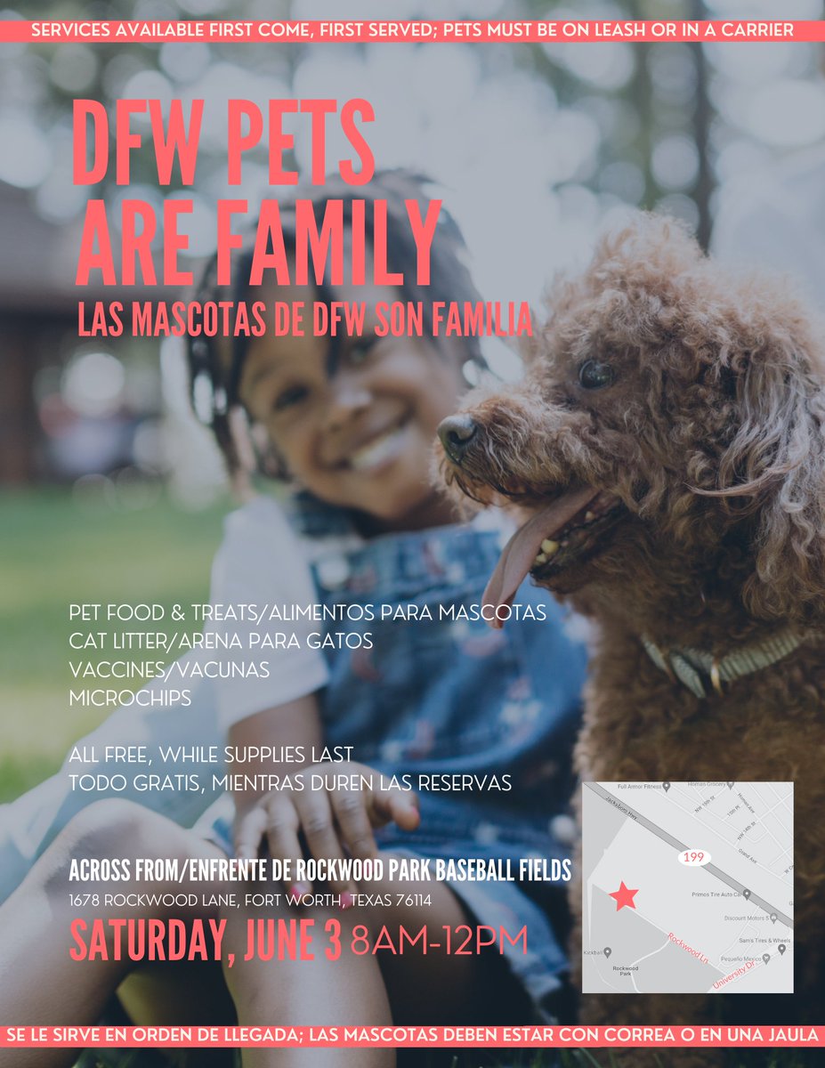 Join us for the DFW Pets are Family event for FREE pet supplies, vaccines and microchips. ⁠
⁠
The event will be located at 1678 Rockwood Ln. Fort Worth, TX 76114 on Saturday, June 3 from 8 AM - 12 PM. ❤️