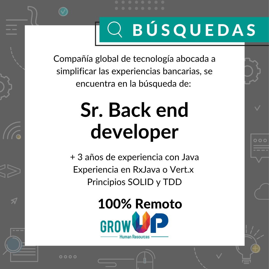 growuphr's tweet photo. En #GrowupHR nos encontramos en la búsqueda de un Sr. Back end Developer!
📍Puesto remoto
Requisitos:
👉Experiencia en tecnologías como: #Java, #Kotlin, #Javascript
👉 #RxJava o Vert.x
✍ #postulate en el link https://t.co/FfSSqsqd1o o escribile a belen@growuphr.com.ar https://t.co/8A4vy4ZqWa