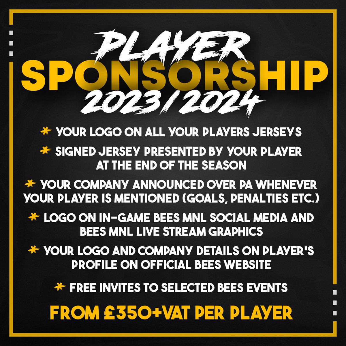 BeesIceHockey's tweet photo. 𝗣𝗟𝗔𝗬𝗘𝗥 𝗦𝗣𝗢𝗡𝗦𝗢𝗥𝗦𝗛𝗜𝗣 𝗢𝗣𝗣𝗢𝗥𝗧𝗨𝗡𝗜𝗧𝗜𝗘𝗦 🐝 

The roster is starting to take shape and you have the chance to be associated with your favourite Bees player!

Corporate sponsorship available PLUS junior sponsorship is back!

https://t.co/Z3ZfcmmDs1 https://t.co/TDWP9oH5Sa