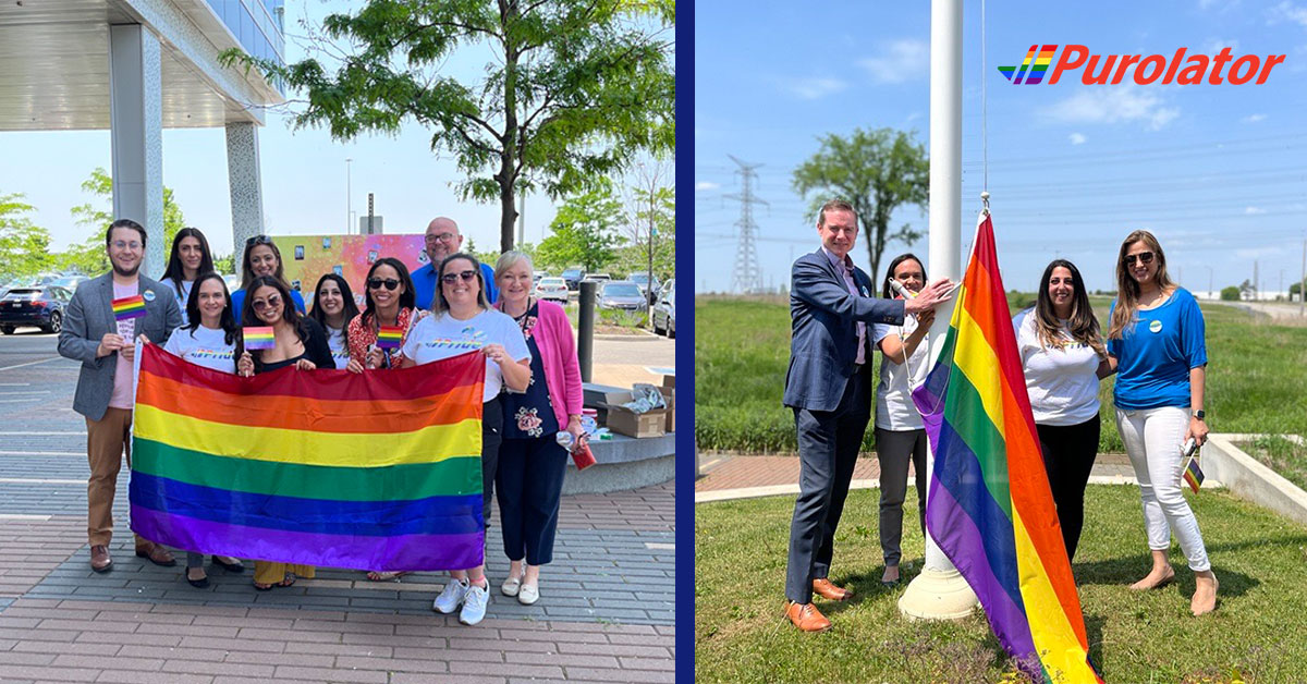 PurolatorInc's tweet photo. 🌈 Kicking off #PRIDE at Purolator! 🌈

Today, employees joined one of our DE&amp;I councils to raise a pride flag and kick off June’s month-long celebration of acceptance and equality. 🏳️‍🌈💜

#Pride2023 #PrideMonth https://t.co/nr1DZ17cL1