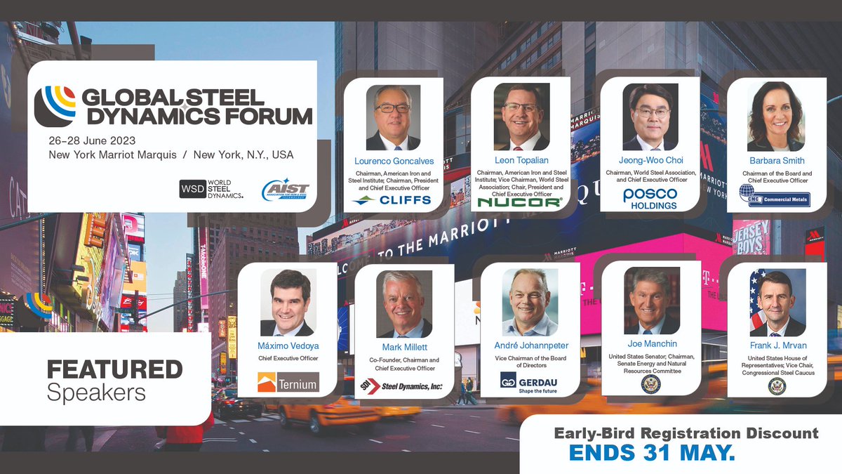 Learn from the industry’s most influential global leaders as we explore vision, policy and solutions at the Global Steel Dynamics Forum. The early-bird registration deadline ends TODAY, 31 MAY! REGISTER today and save, so you don’t miss out! lnkd.in/eQv73xMm