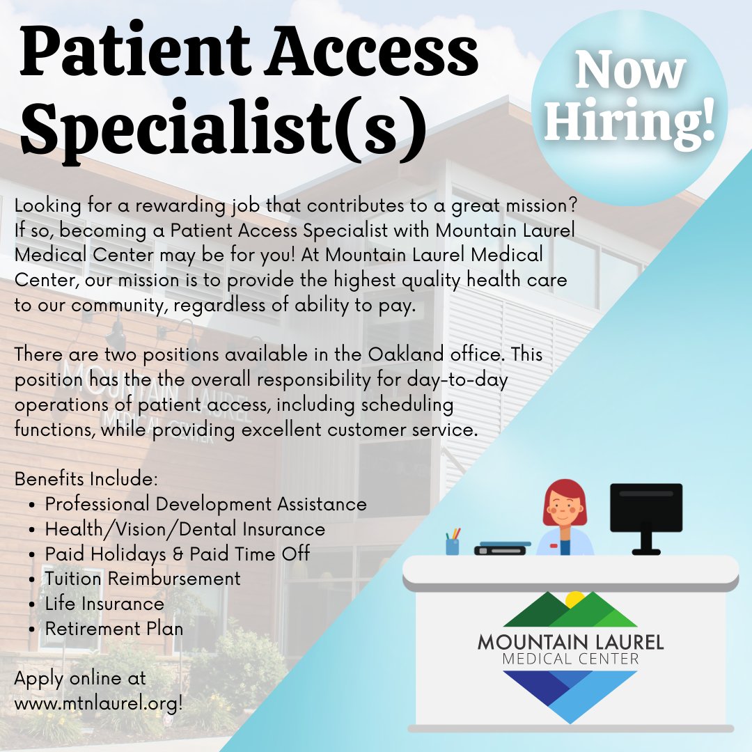 mlmc06's tweet image. Mountain Laurel Medical Center is searching for a Patient Access Specialist! (2 Positions Available, both in Oakland)
Apply online at: paycomonline.net/v4/ats/web.php…
This institution is an Equal Opportunity provider and employer. #MyMLMC #recruitment