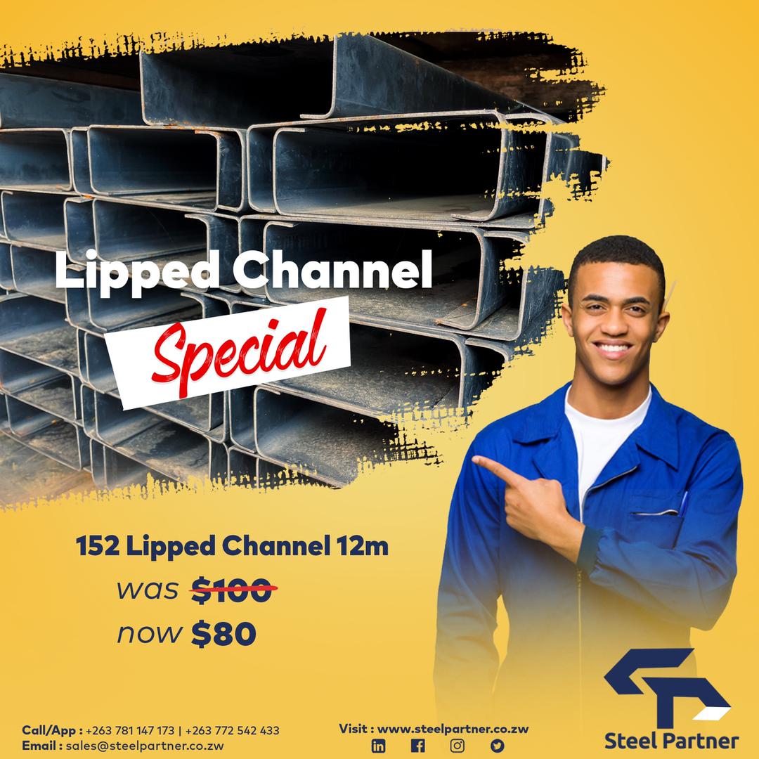 SteelPartnerZw's tweet photo. Purchase 152 Lipped Channel 6m &amp; 12m at a special price and save on your project this #Winter ❄️ . #steel #tubes #construction #mining #agriculture #energy https://t.co/G9Jc3rqcRT