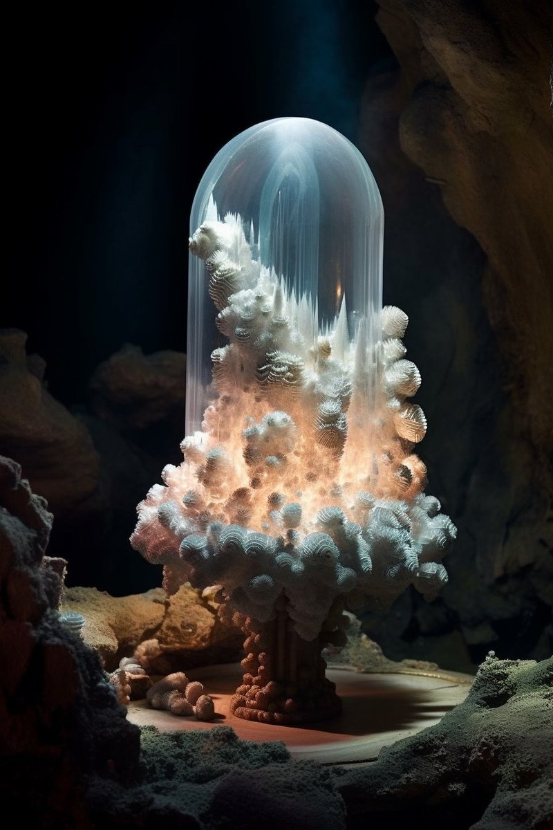 @techhalla Nice prompt tech! 
A [surreal lamp] | strange crystalline formations | in the style of hyperrealistic minerals | complex geodes | precious gem clusters | elaborate cave arrangements | National Geographic photo | Lovecraftian