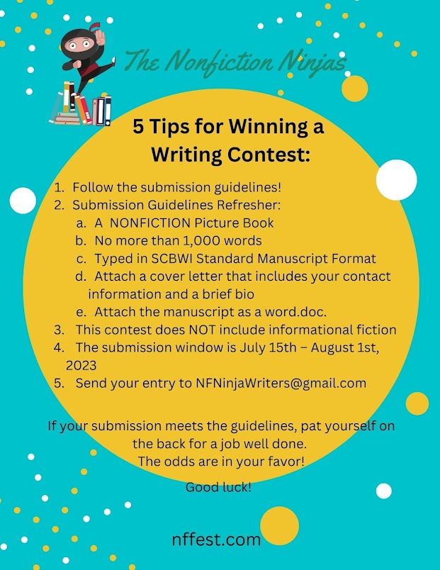 Want to win a #writing #mentorship? Check our writing contest details at the link below. nffest.com/2023/03/announ… Open JULY 15!!! #PBContest #Kidlit #PictureBook #WritingCommunity Follow us @StephanieBearce @skeerswriter @pegtwrite @nchurnin @SusanKralovansk Christine Liu Perkins