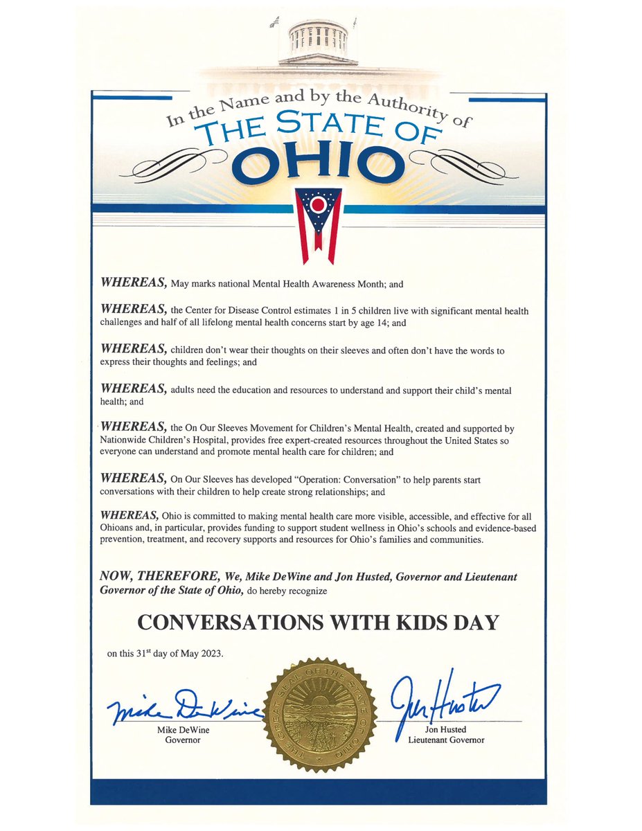 KidsMHF's tweet photo. In honor of #MentalHealthAwarenessMonth The #OnOurSleeves Movement For Children's Mental Health &amp; @NationwideKids announce Ohio Governor @MikeDeWine issued a proclamation recognizing May 31, 2023 as Conversations With Kids Day. Get our free resources: https://t.co/2QMxJCLeUZ

" https://t.co/iX2sl1zpDc