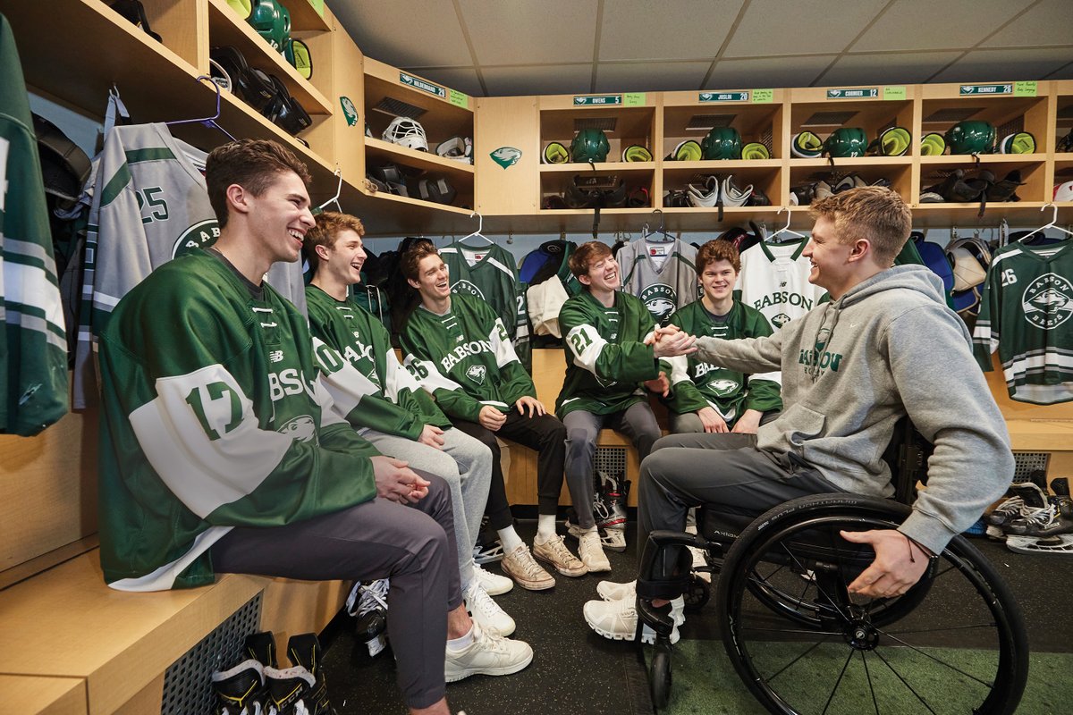 babson's tweet photo. Since arriving at Babson after his life-changing on-ice collision a year and a half ago, Jake Thibeault '26 has provided inspiration to, and built brotherly bonds with, the @BabsonAthletics men's ice hockey family. https://t.co/5eQYSsm2h6 https://t.co/WRJOaXFLDg