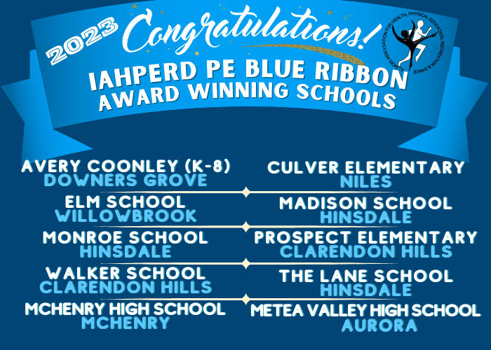 IAHPERD Congratulates our 2023 Physical Education Blue Ribbon Award Winners! These Physical Education programs are recognized for their excellence.  Blue Ribbons are awarded for a 5 year period. @averycoonley <a href="/culverschool/">Culver School</a> <a href="/CCSD181/">School District 181</a> <a href="/MCHS156/">McHenry</a> <a href="/meteavalley/">Metea Valley HS</a>
#PhysEd #IAHPERDBlueRibbon