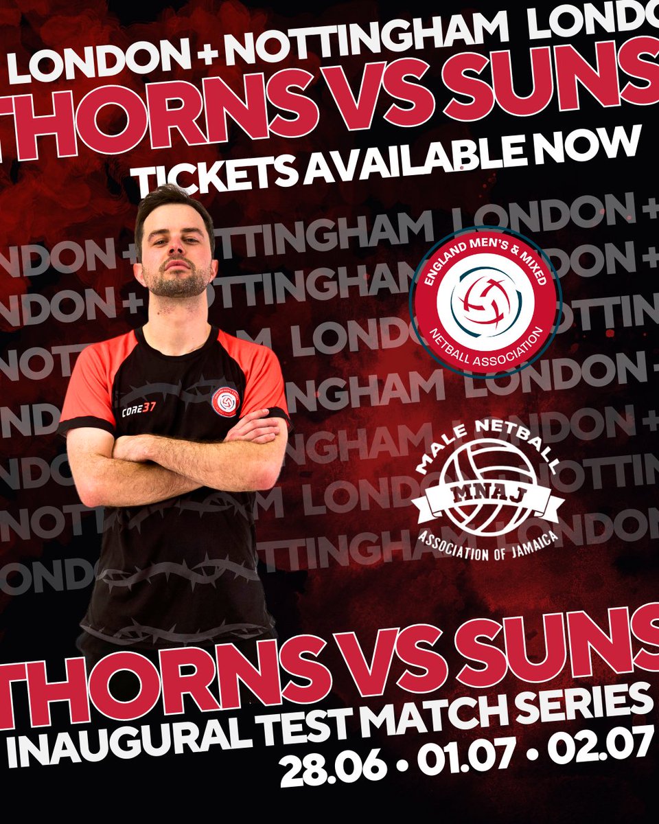 Two nations, three games, one unforgettable showdown. England Thorns vs Jamaica Suns in the Men's Netball Test Match Series. Don't miss out on witnessing the best in the game. 

Get your tickets today and be there to witness the action!

🎟️ englandmmna.com

#netballforall