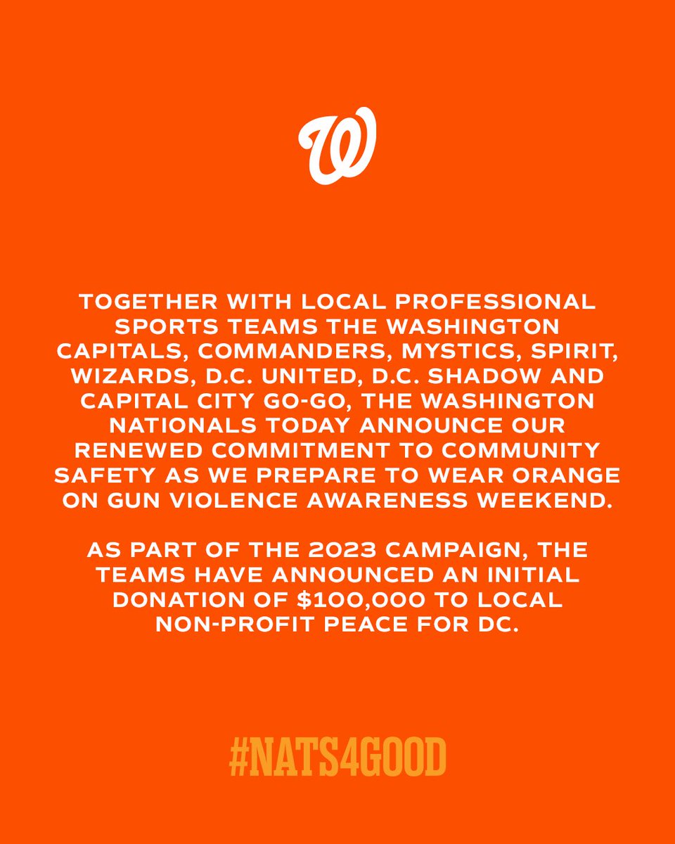 Tomorrow marks the start of National Gun Violence Awareness Month. Join the <a href="/Nationals/">Washington Nationals</a> and other local sports teams as we turn outrage into action.

🔗: bit.ly/43uD4wQ

#WearOrange | #Nats4Good