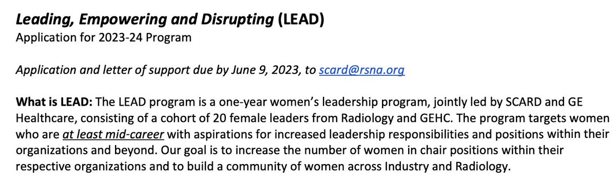 📣Check out the LEAD program sponsored by <a href="/RadiologyChairs/">SCARD</a> &amp; <a href="/GEHealthCare/">GE HealthCare</a>, designed for women aspiring to grow in leadership. Applications due June 9! Link below:

scardweb.org/resources/lead…

#radiology #leadership #LEAD