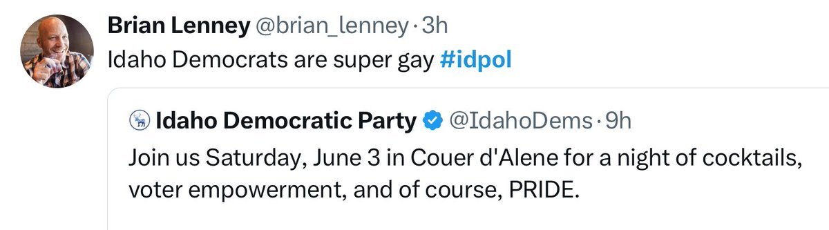Sisyphus43's tweet photo. He says it like its a bad thing. Let me repeat it in case there's still some confusion, #iddem are super gay if that means supporting every #Idaho citizen regardless of gender or orientation. #idpol https://t.co/HMVED6CT5y