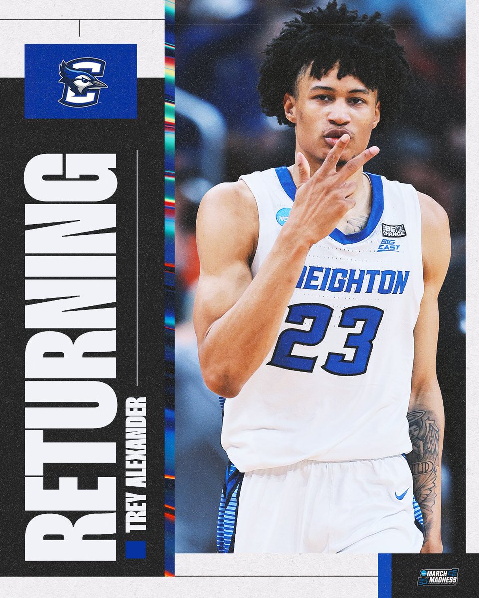 MarchMadnessMBB's tweet image. Back with the Bluejays 🔥

Trey Alexander is returning to the Creighton backcourt for 2023-24 👏