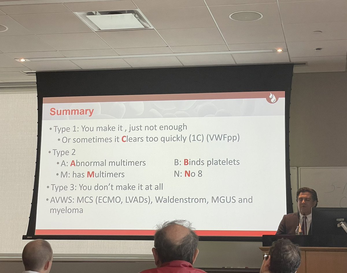Glad to have listened to @NTConnell’s incredible talk on Von Willebrand Disease at Penn. So resourceful yet precise and poignant.

PS -  The resident in me was scampering to get a picture once this slide with mnemonic came on :-P
