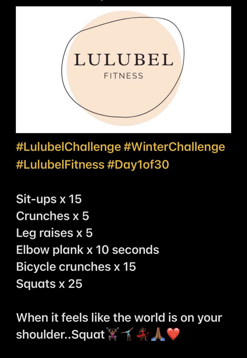 Good morning Tweethearts 💃🏾🥰😍😘 Day 1 and it begins🏋🏾‍♀️🤸🏾‍♂️ Let’s be kind to ourselves 🙏🏾🩷❤️🩷

#RunningWithLulubel
#LulubelChallenge
#WinterChallenge
 #LulubelFitness
#YourPersonalTrainer
