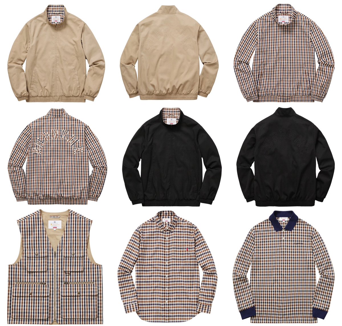 Supreme__Hustle's tweet photo. 10/102016
Supreme/Aquascutum 

•The collection consists of a custom fit waterproof Filey Raincoat, waterproof Club Jacket, waterproof Utility Vest, Flannel Shirt, Long Sleeve Polo and a wool/cashmere Scarf. https://t.co/OK9NUYBNCw