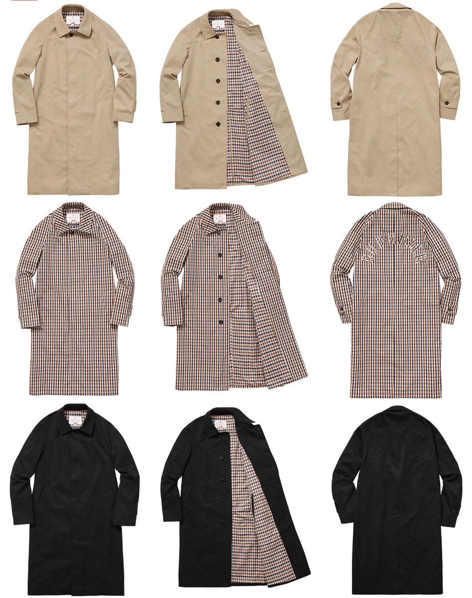 Supreme__Hustle's tweet photo. 10/102016
Supreme/Aquascutum 

•The collection consists of a custom fit waterproof Filey Raincoat, waterproof Club Jacket, waterproof Utility Vest, Flannel Shirt, Long Sleeve Polo and a wool/cashmere Scarf. https://t.co/OK9NUYBNCw