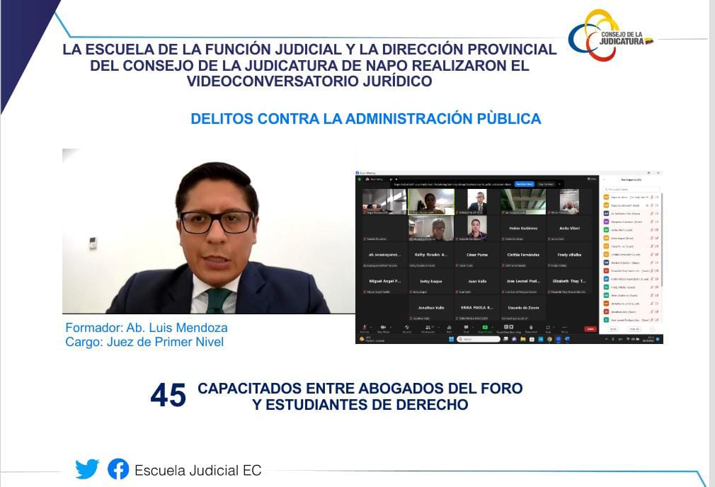 #HOY | La Dirección Provincial de <a href="/NapoCJ/">Napo CJ</a> en coordinación con <a href="/EscuelaCJec/">Escuela Judicial EC</a>, realizaron el videoconversatorio jurídico sobre el tema “Delitos contra la administración pública”.