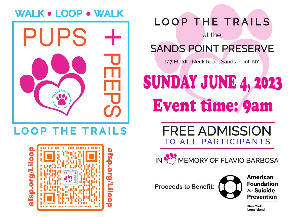 AFSP_LongIsland's tweet photo. Come out to the 7th Annual Pups + Peeps Loop the Trails this Sunday June 4,2023 and  support AFSP Long Island Chapter’s efforts to provide HOPE to those affected by suicide. Together we all can make a difference. https://t.co/6ZQenbOegr