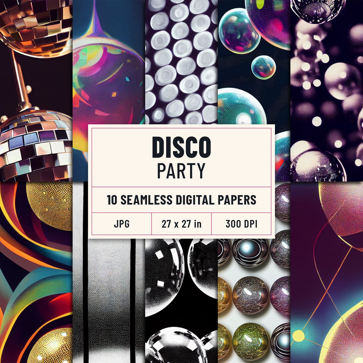 The Disco Party Digital Scrapbook Collection is an exquisitely designed set of printable images and seamless designs that are perfect for crafting and scrapbooking. #abstractgeometric #seamlessrepeat #digitalpaperpack #seamlesspatterns #printablepatterns