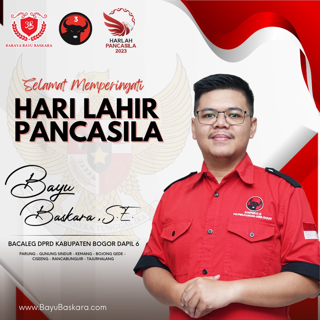 barayabayu's tweet photo. Tangguhkan semangat kebhinekaan. Jaga kesatuan dan persatuan Republik Indonesia. Selamat Hari Pancasila 2023!!
#BarayaBayuBaskara #3B #BayuBaskara #Dapil6 #Tampil2024 #KabupatenBogor #Ciseeng #Rancabungur #Parung #Kemang #Tajurhalang #Bojonggede #Gunungsindur #HariPancasila2023 https://t.co/Km2q9WTKTG