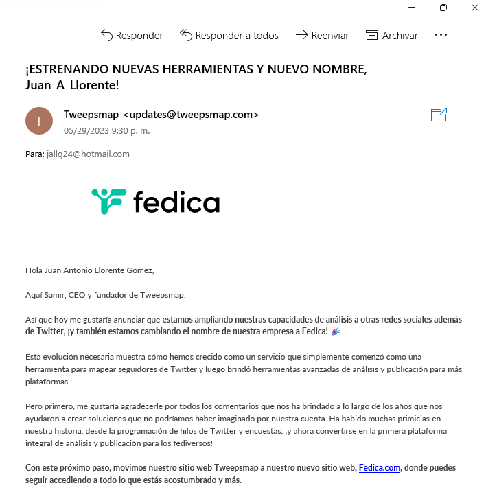 Juan_A_Llorente's tweet image. El pasado 29 de mayo, el propietario y fundador de la empresa @FedicaHQ, Samir, me envió un mensaje por correo electrónico, donde me anuncia que la herramienta virtual #Tweepsmap cambió de nombre; y ahora puede analizar y trabajar sobre las plataformas de otras redes sociales. 👍