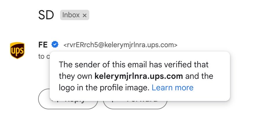 chrisplummer's tweet photo. There is most certainly a bug in Gmail being exploited by scammers to pull this off, so I submitted a bug which @google lazily closed as “won’t fix - intended behavior”. How is a scammer impersonating @UPS in such a convincing way “intended”. https://t.co/soMq7KraHm