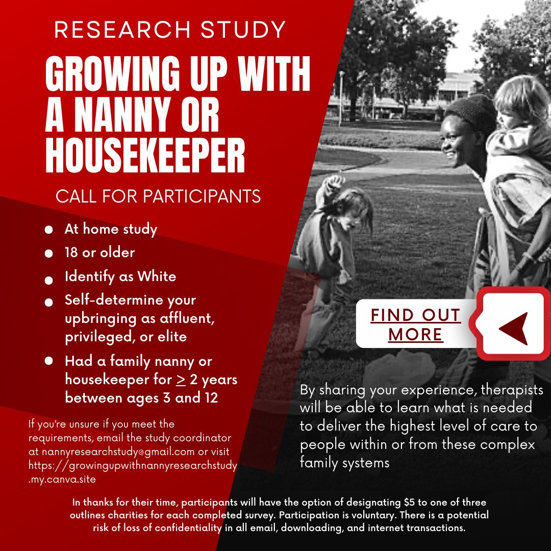 Call for participants for a research study that will uncover the experiences of now-adult children who grew up in homes that regularly employed nannies or housekeepers