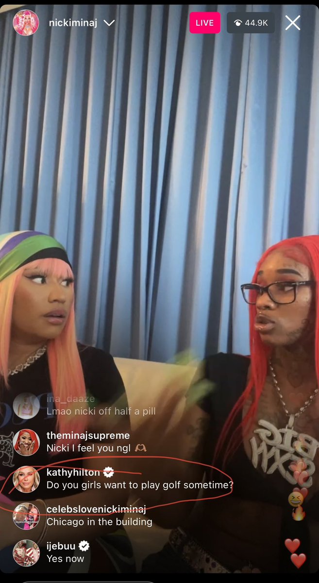 I <3  @KathyHilton sm. Like, can I come ?? @NICKIMINAJ @SexyyRed314_ y’all better get ya golf clubs & film this. This the kinda content we neeeed !! 🤞🏾 😩❤️💕