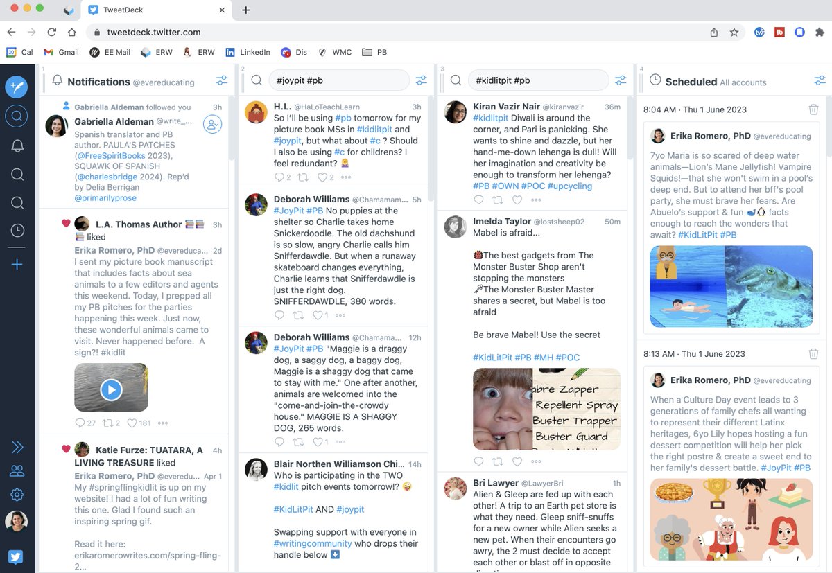 Tweetdeck is ready for tomorrow's pitch parties. Column for #JoyPit, column for #KidLitPit, my notifications, & my scheduled pitches. Fast columns are hard on the eyes, so I narrowed my columns to PB pitches specifically. Looking forward to checking in during work breaks!